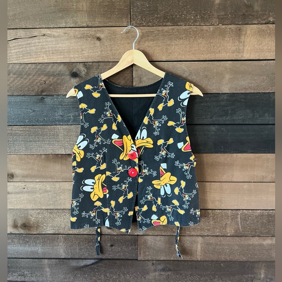 Vintage Daffy Duck Looney Tunes Button Vest Cartoon Print Black Red Graphic - Picture 2 of 11